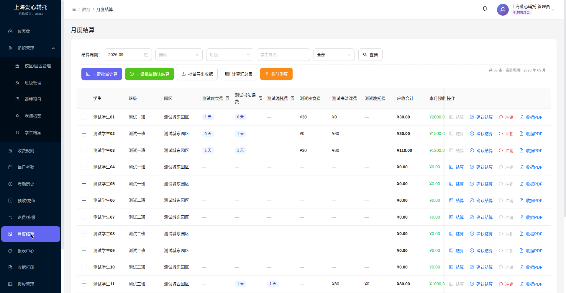 月度结算工作台界面